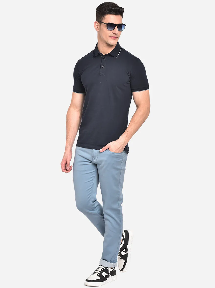 Navy Blue Solid Slim Fit Polo T-Shirt | JadeBlue