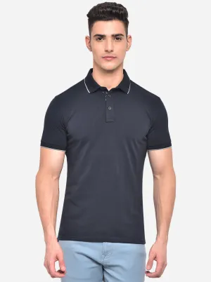 Navy Blue Solid Slim Fit Polo T-Shirt | JadeBlue