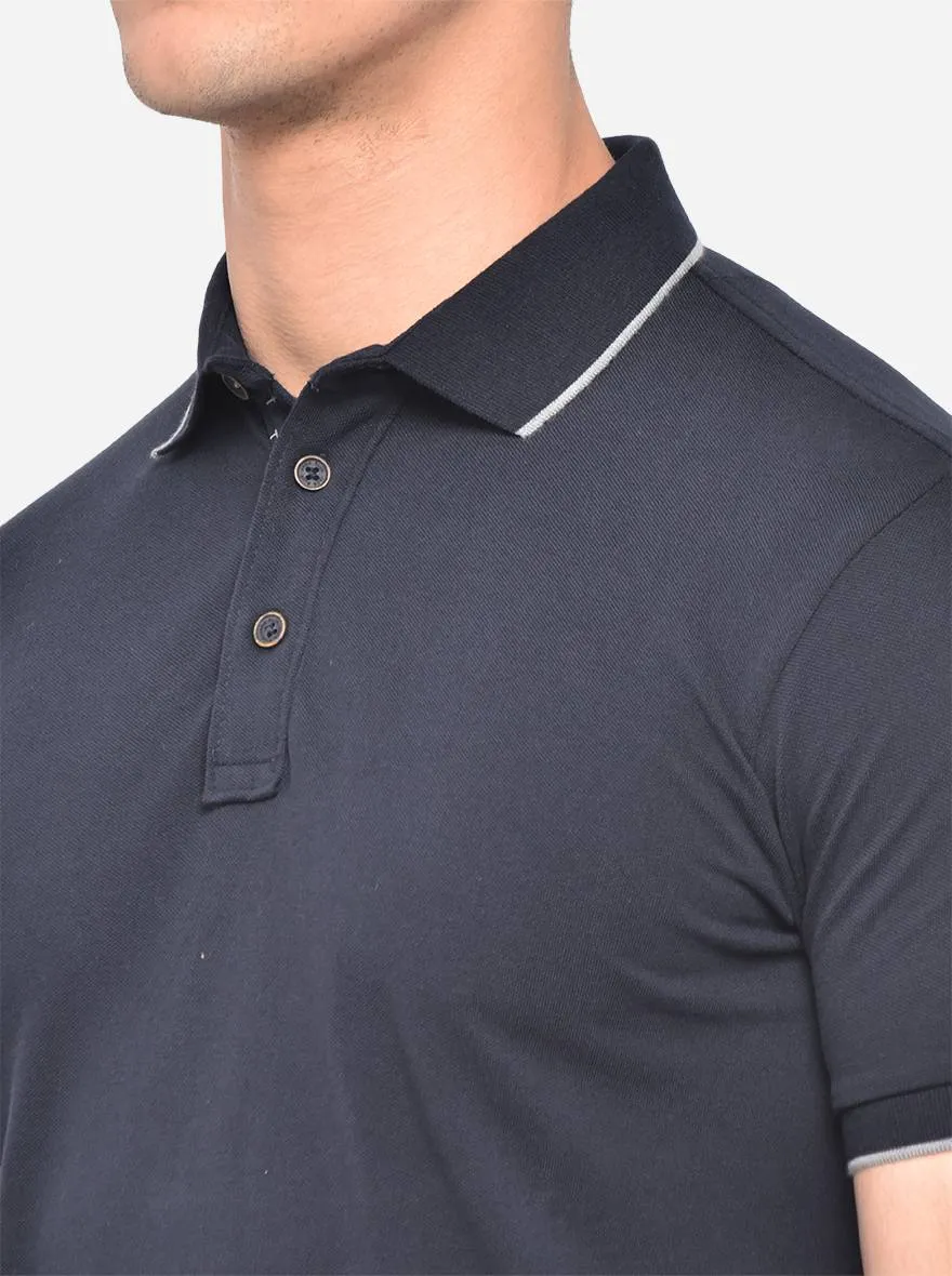 Navy Blue Solid Slim Fit Polo T-Shirt | JadeBlue