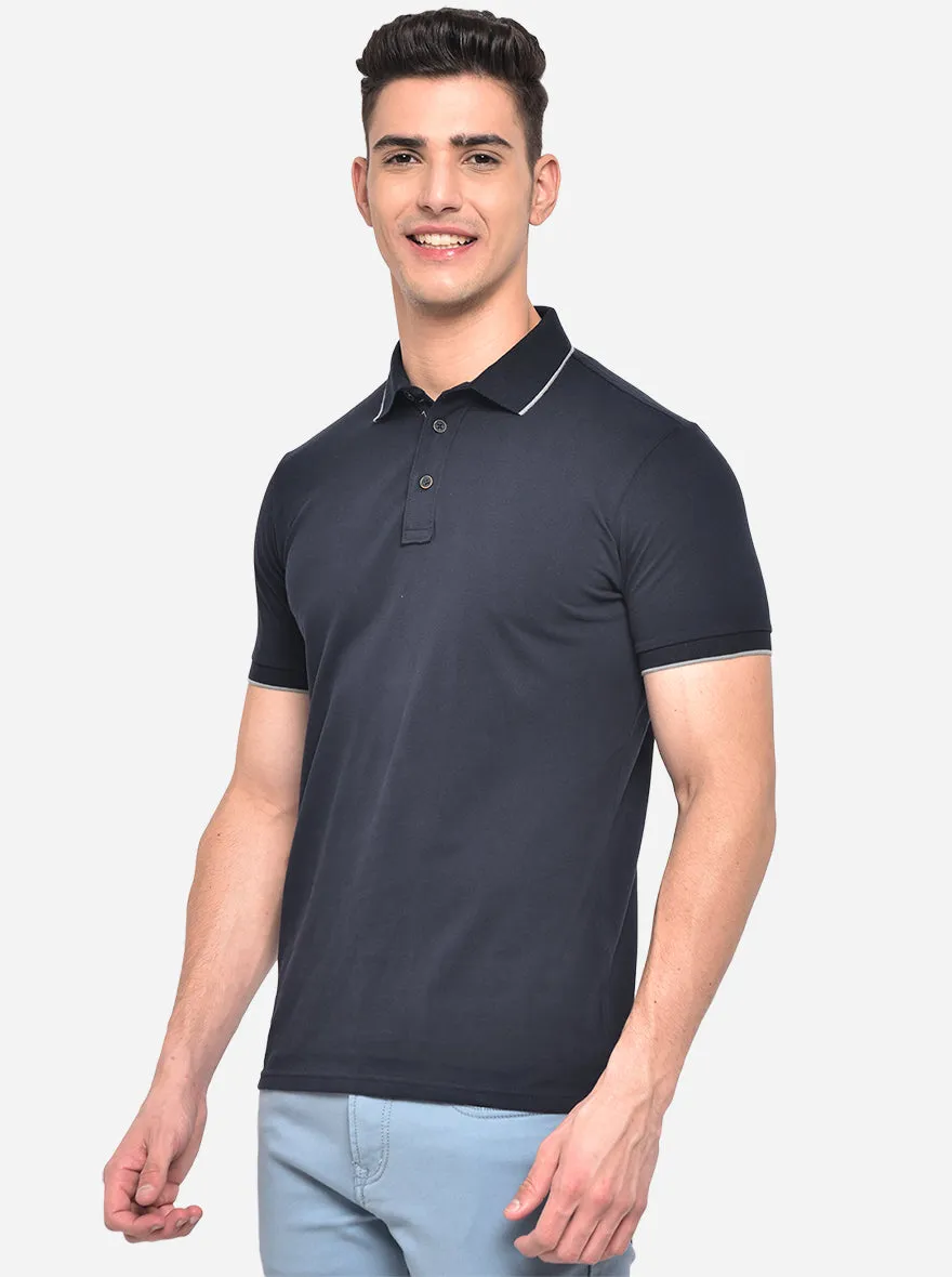 Navy Blue Solid Slim Fit Polo T-Shirt | JadeBlue