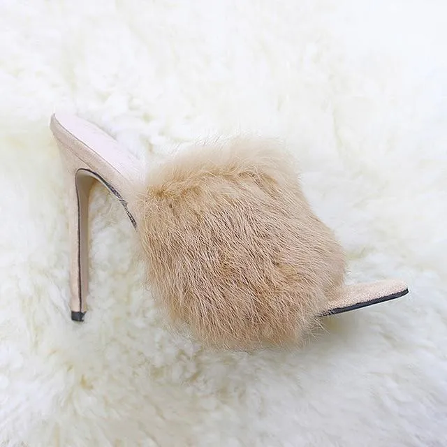 New European Station Sandals Candy Color Luxury Rabbit Fur Slippers