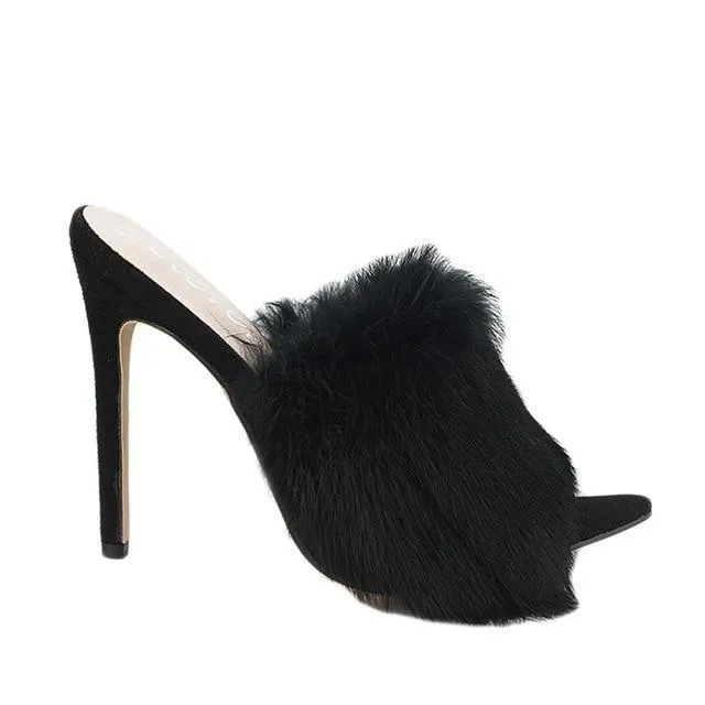 New European Station Sandals Candy Color Luxury Rabbit Fur Slippers