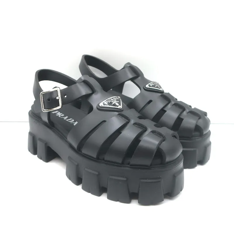 Prada Monolith Platform Fisherman Sandals Black Rubber Size 37
