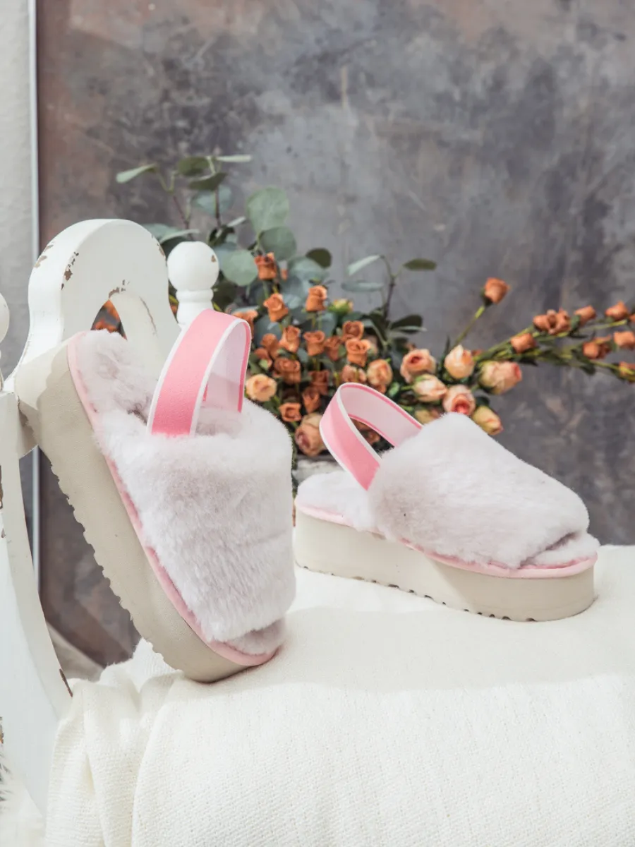 Soft Woolen Fluffy Disco Sandal Slipper - Baby Pink