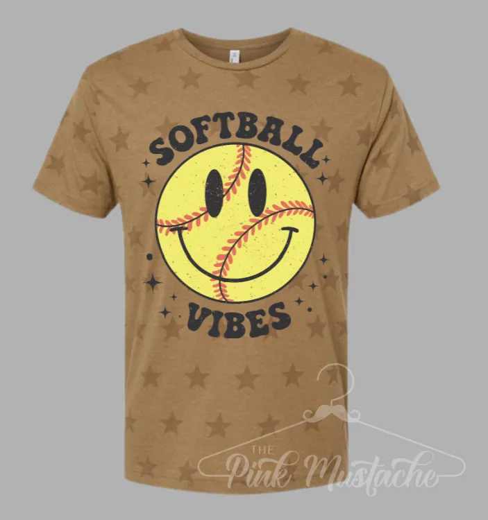 Softball Vibes Smiley Retro Star Printed Tee -Unisex Adult Sized Softball Shirt/ Softball Shirt/ Softball Mom Tee