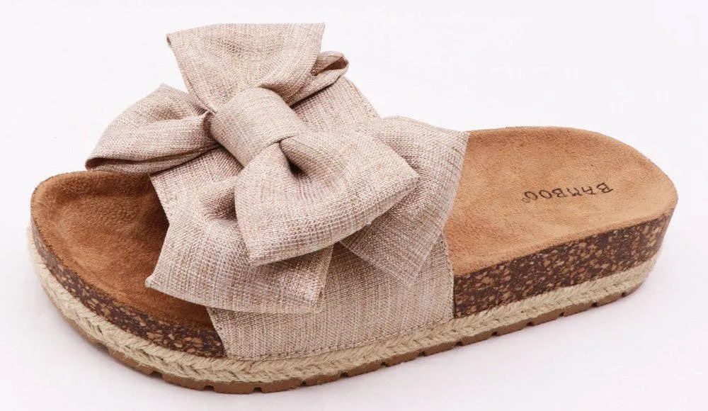 Women Cork Sole Bow Tie Slip-on Sandals Gold