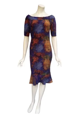YULIA Off Shoulder Short Sleeve Fitted Puckered Print Dress